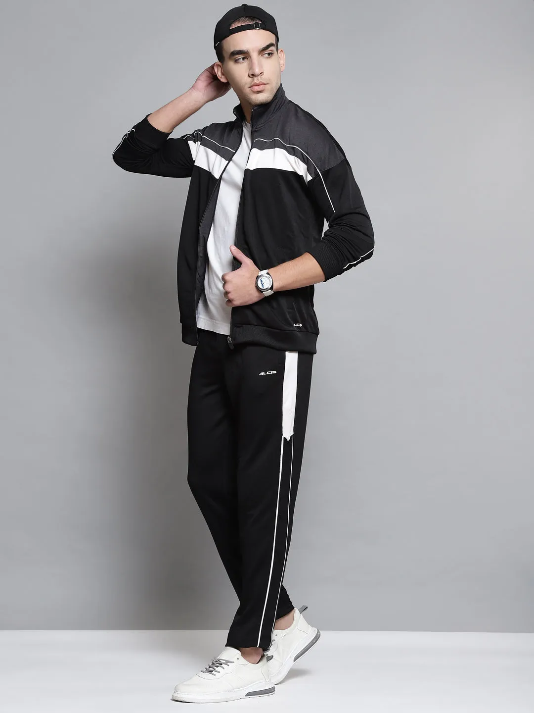 Alcis Men Charcoal Grey White Colourblocked Tracksuits