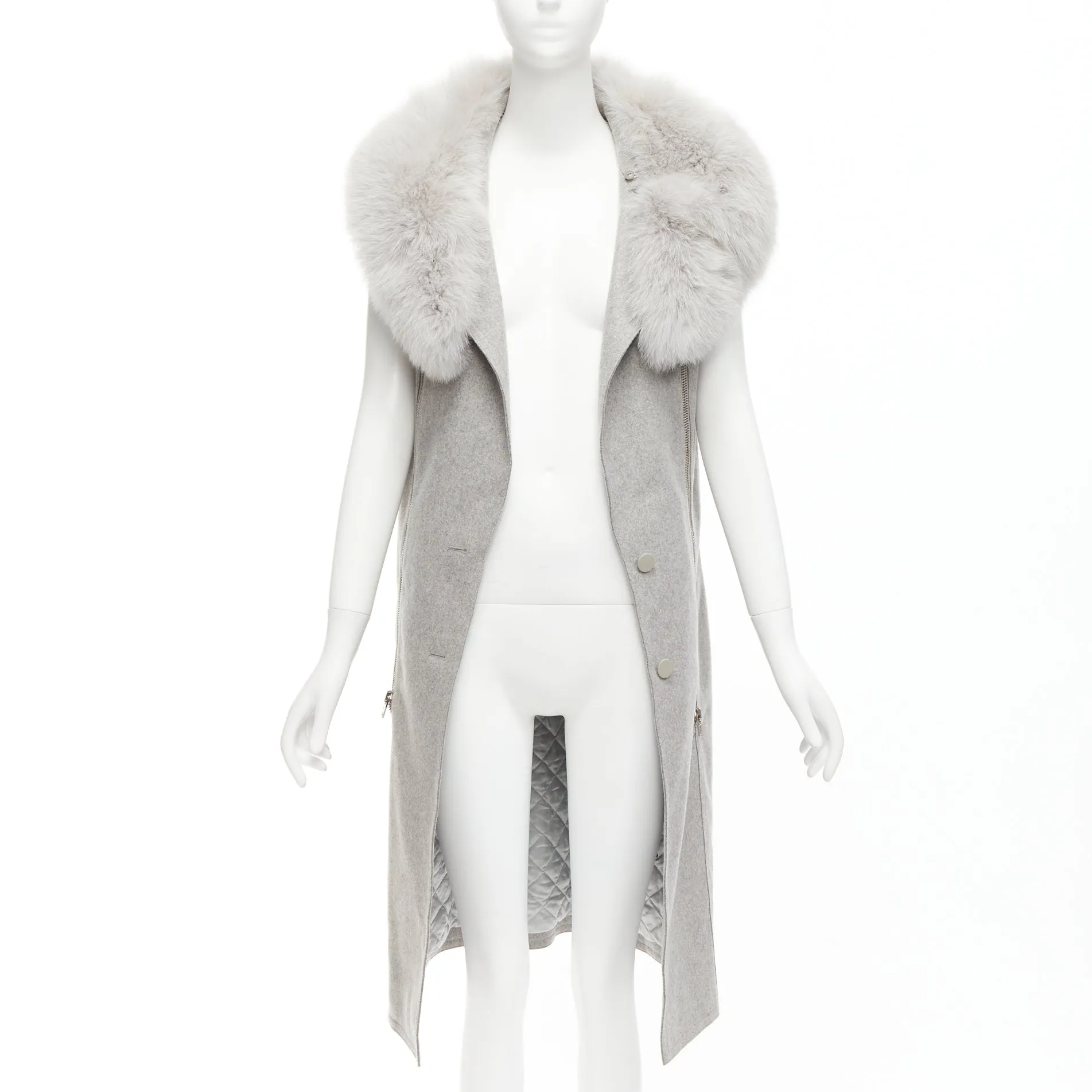 ALEXANDER WANG Saga Furs grey fur collar virgin wool blend vest dress US4 S