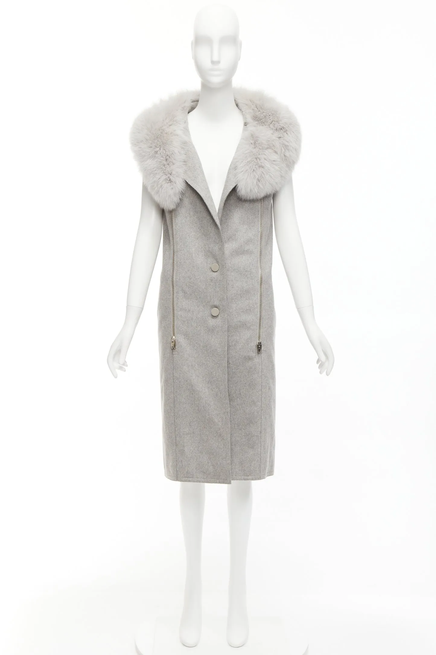 ALEXANDER WANG Saga Furs grey fur collar virgin wool blend vest dress US4 S