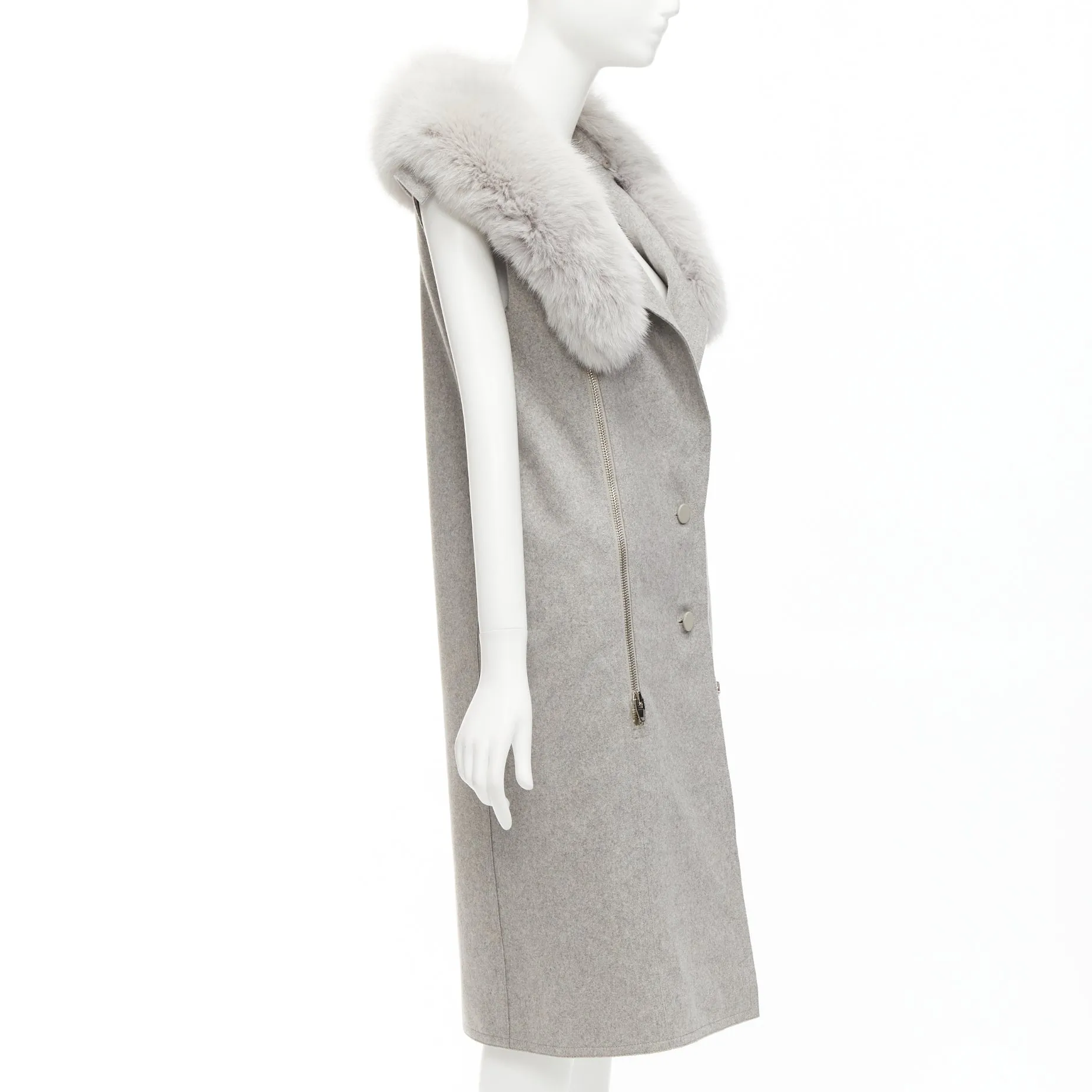 ALEXANDER WANG Saga Furs grey fur collar virgin wool blend vest dress US4 S