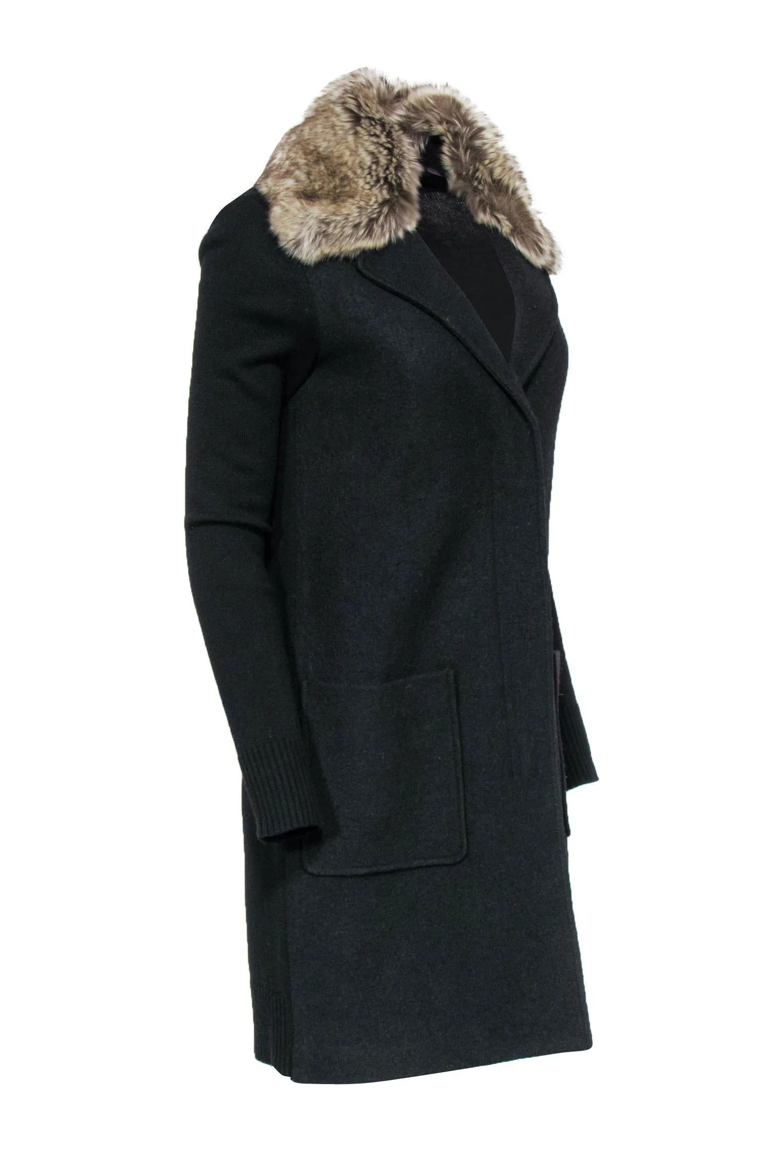 Bailey 44 - Black Wool Blend Longline Coat w/ Faux Fur Collar Sz S