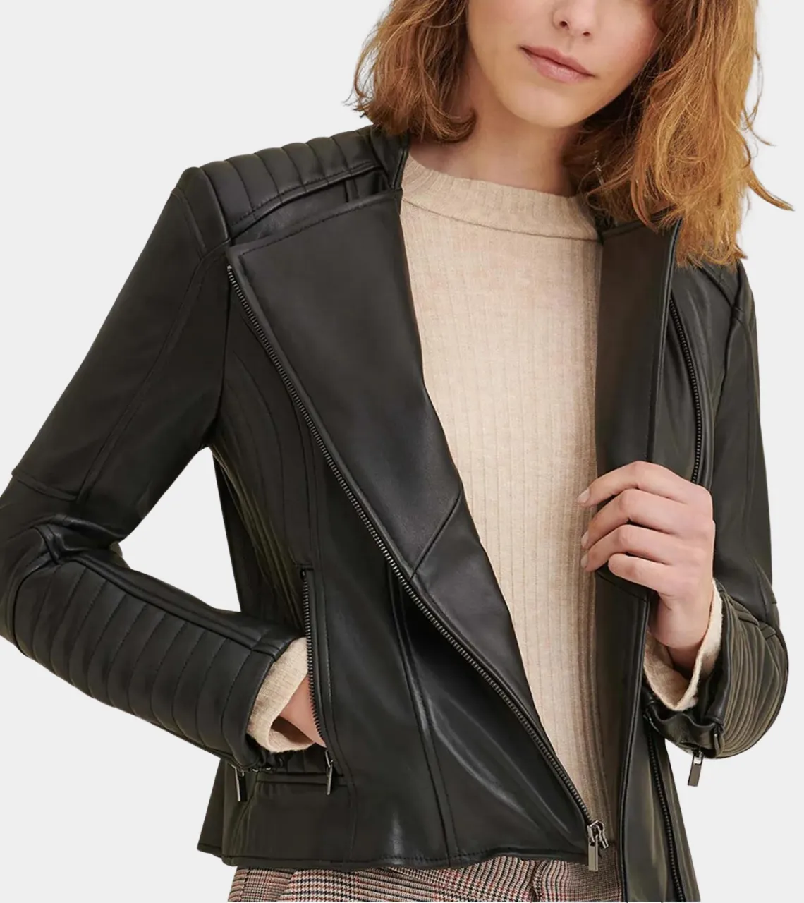 Ban Collar Women’s Leather Jacket