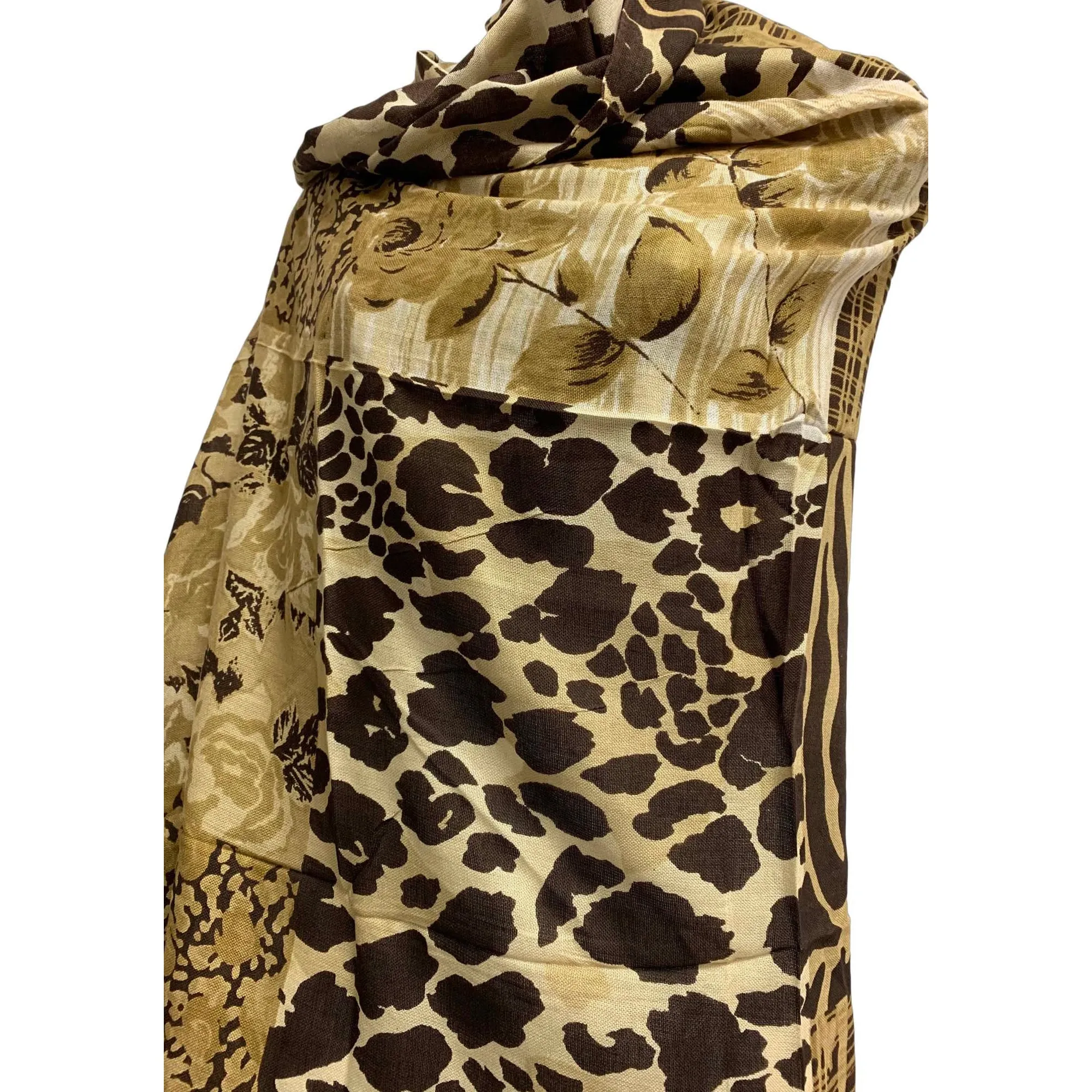 Beige Brown Floral Animal Leopard & Zebra Print Long Shawl Scarf JK1