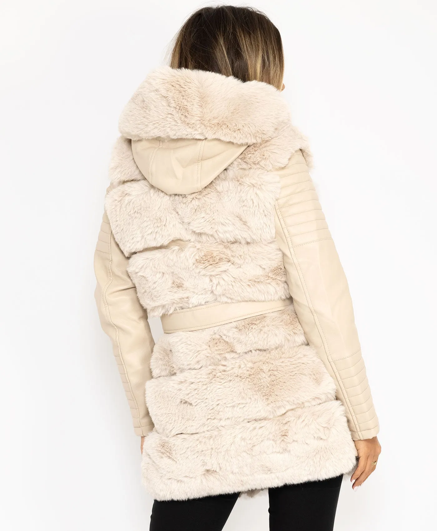 Beige Tiered Faux Fur Trim PU PVC Hooded Coat Jacket