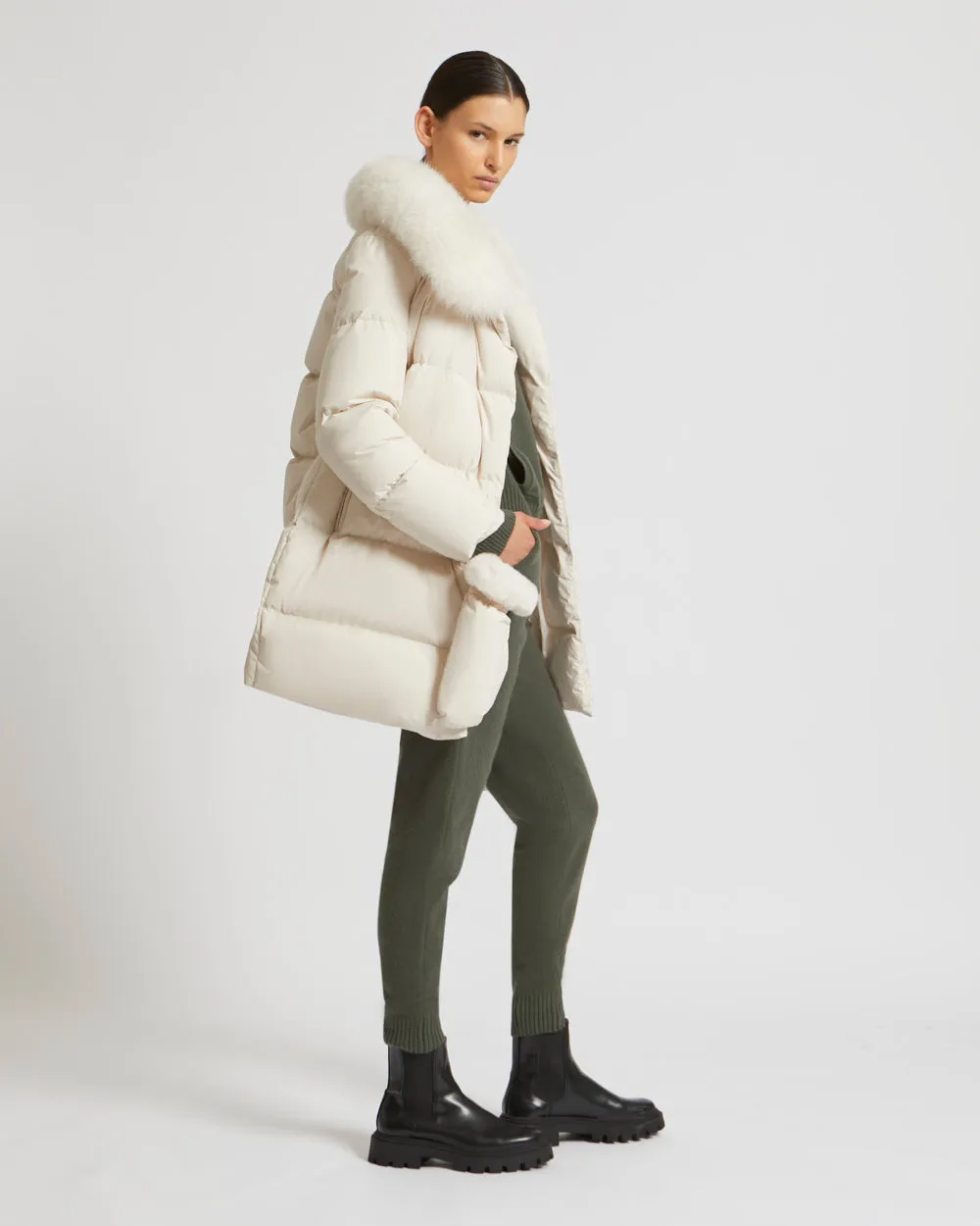 Belted down jacket in waterproof technical fabric with fox and rabbit fur