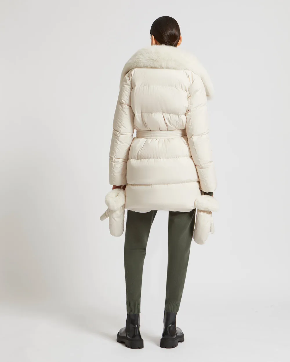 Belted down jacket in waterproof technical fabric with fox and rabbit fur