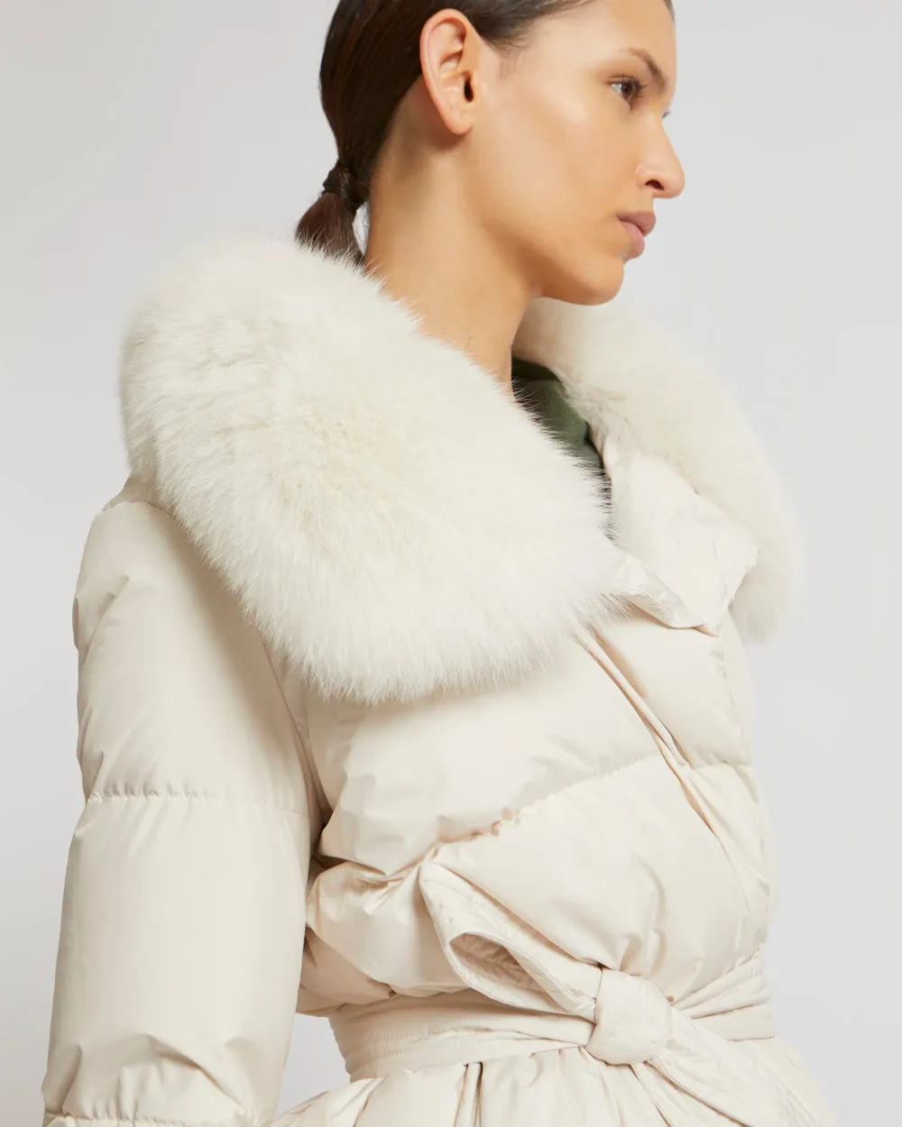 Belted down jacket in waterproof technical fabric with fox and rabbit fur