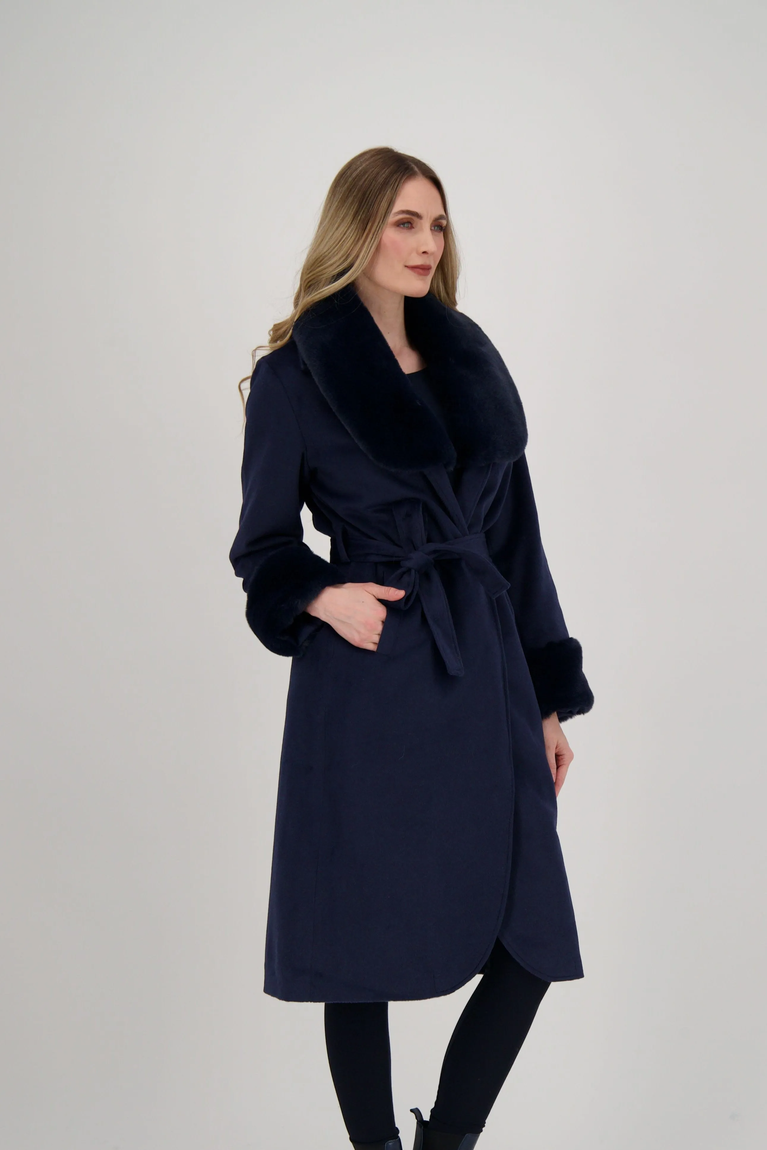 Belted Long Coat With Faux Fur Collar & Cuffs