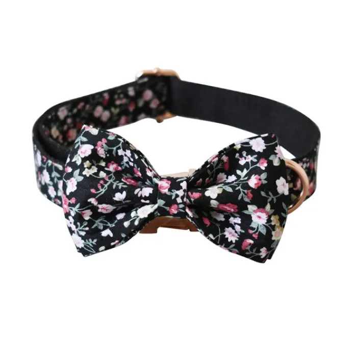 Black Floral Dog Bow Collar Leash Set | Personalized Dog ID Collar