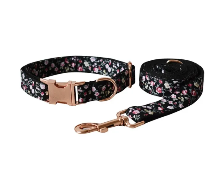 Black Floral Dog Bow Collar Leash Set | Personalized Dog ID Collar