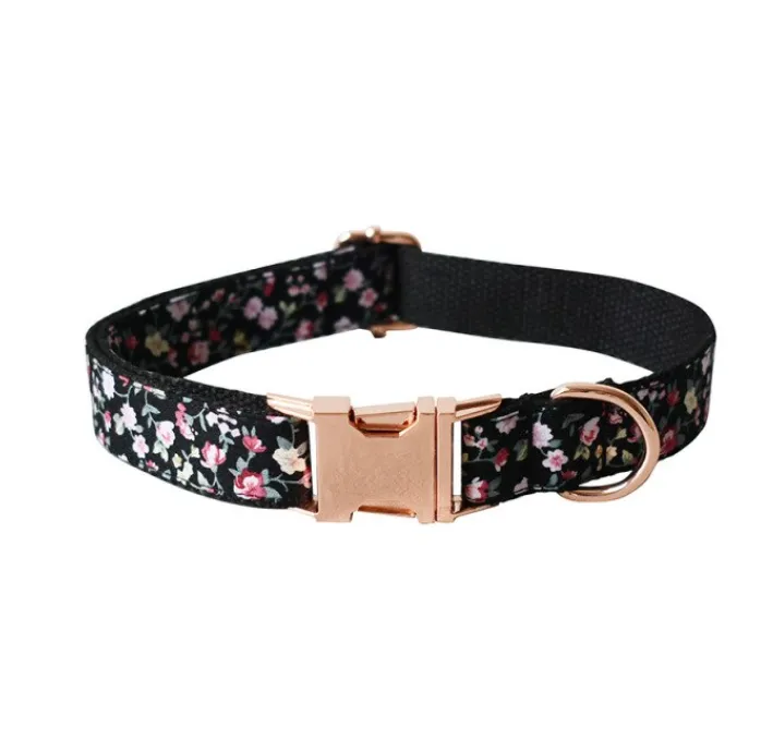 Black Floral Dog Bow Collar Leash Set | Personalized Dog ID Collar