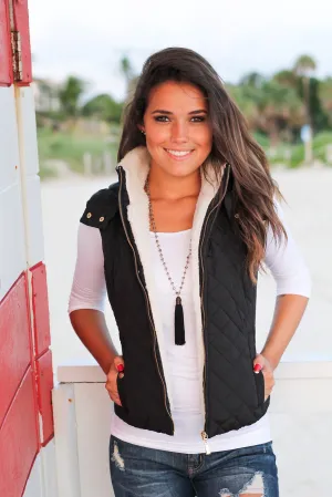 Black Quilted Vest with Fur Collar