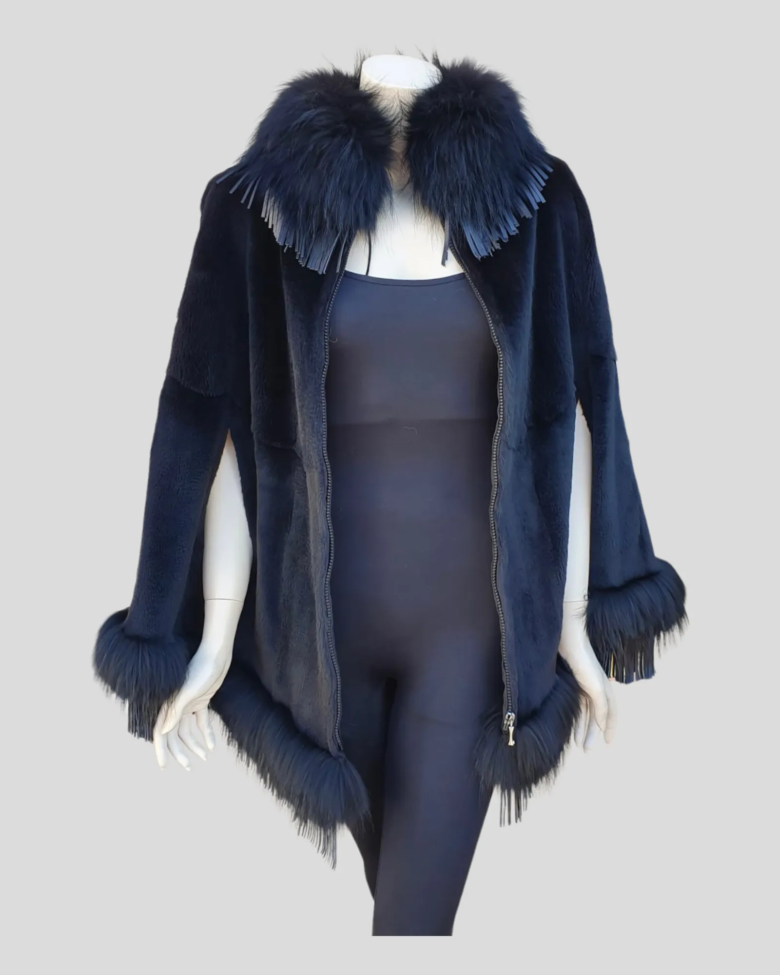 Black Sheared Mink Fur Cape w/ Raccoon Fur Trim & Leather Tassles -M