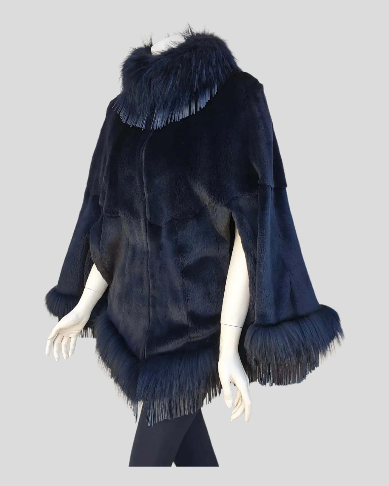 Black Sheared Mink Fur Cape w/ Raccoon Fur Trim & Leather Tassles -M