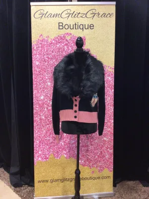 Black Sweater with Pink Trim/Faux Fur Collar (Detachable)