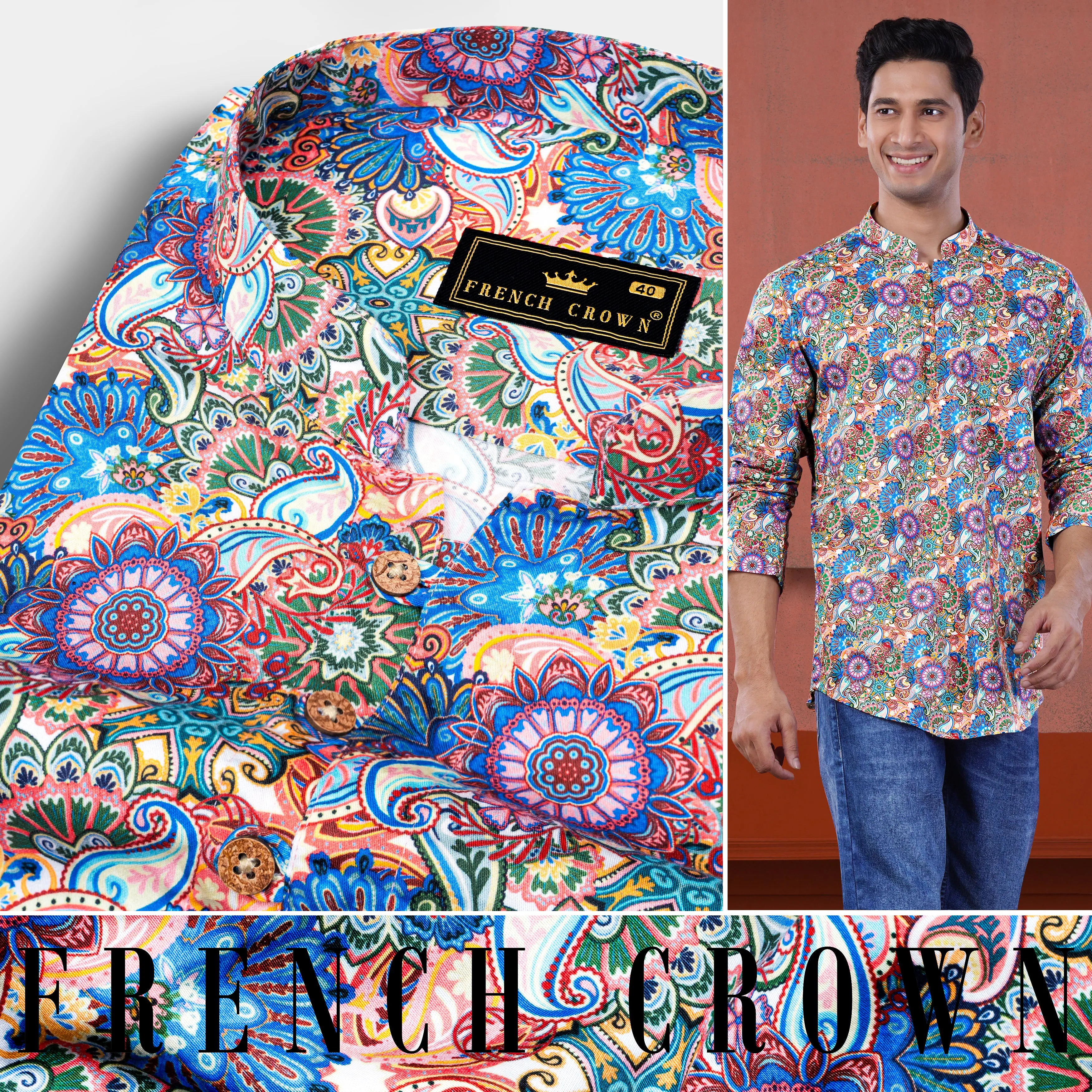 Bluish and Peachy Multicolour Paisley Printed Subtle Sheen Super Soft Premium Cotton Kurta Shirt