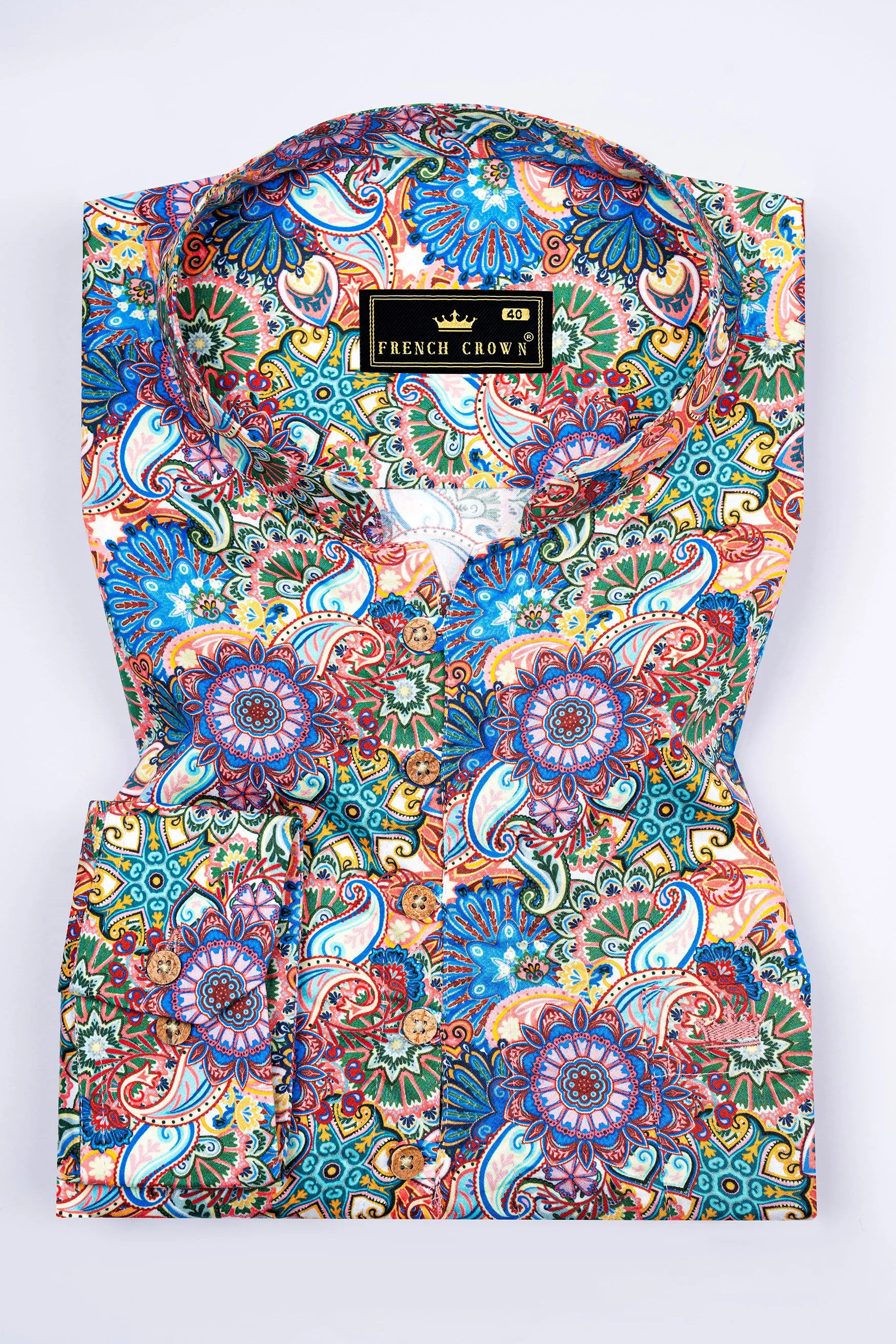 Bluish and Peachy Multicolour Paisley Printed Subtle Sheen Super Soft Premium Cotton Kurta Shirt