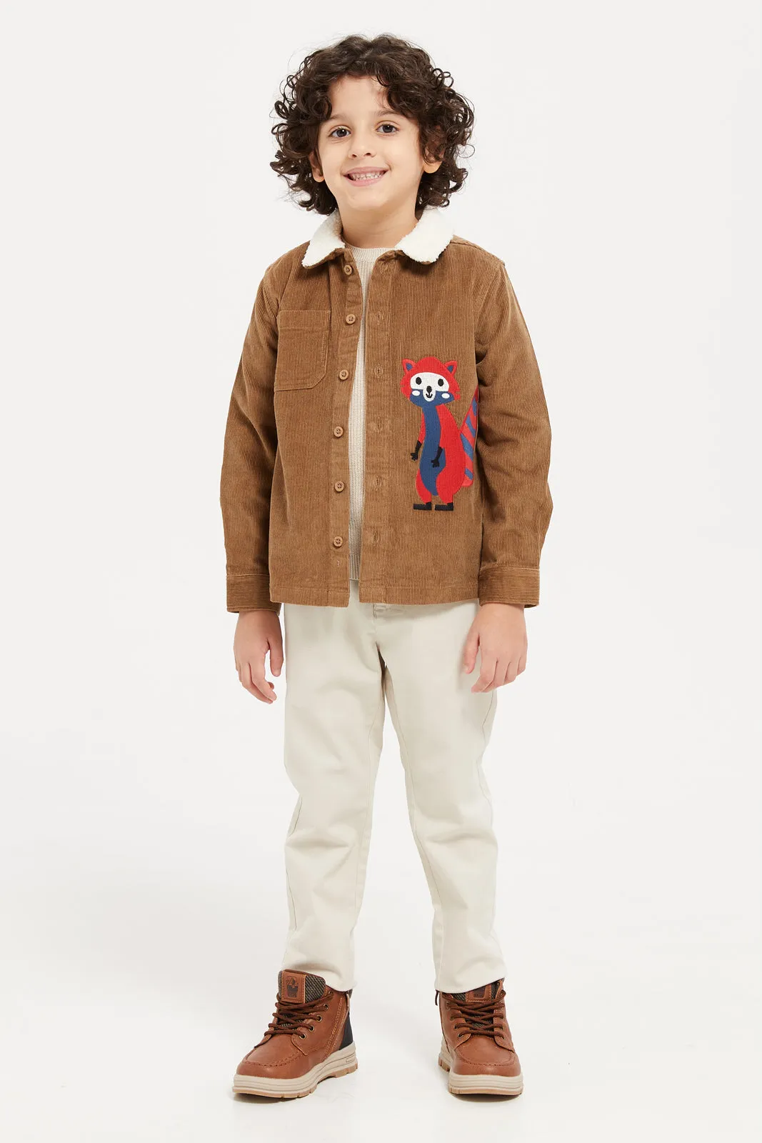 Boys Brown Cord Long Sleeve Shirt With Fur Collar