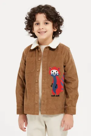 Boys Brown Cord Long Sleeve Shirt With Fur Collar