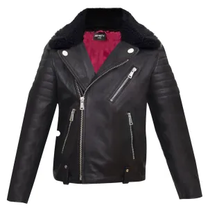 Boys Kids Real leather Biker Style Jacket Brando Cross Zip Black Fur Collar