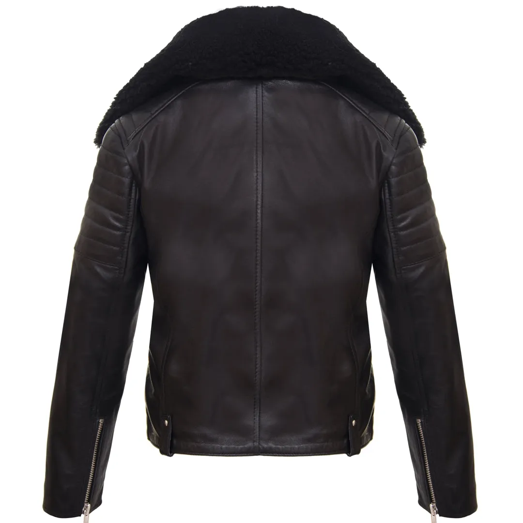 Boys Kids Real leather Biker Style Jacket Brando Cross Zip Black Fur Collar