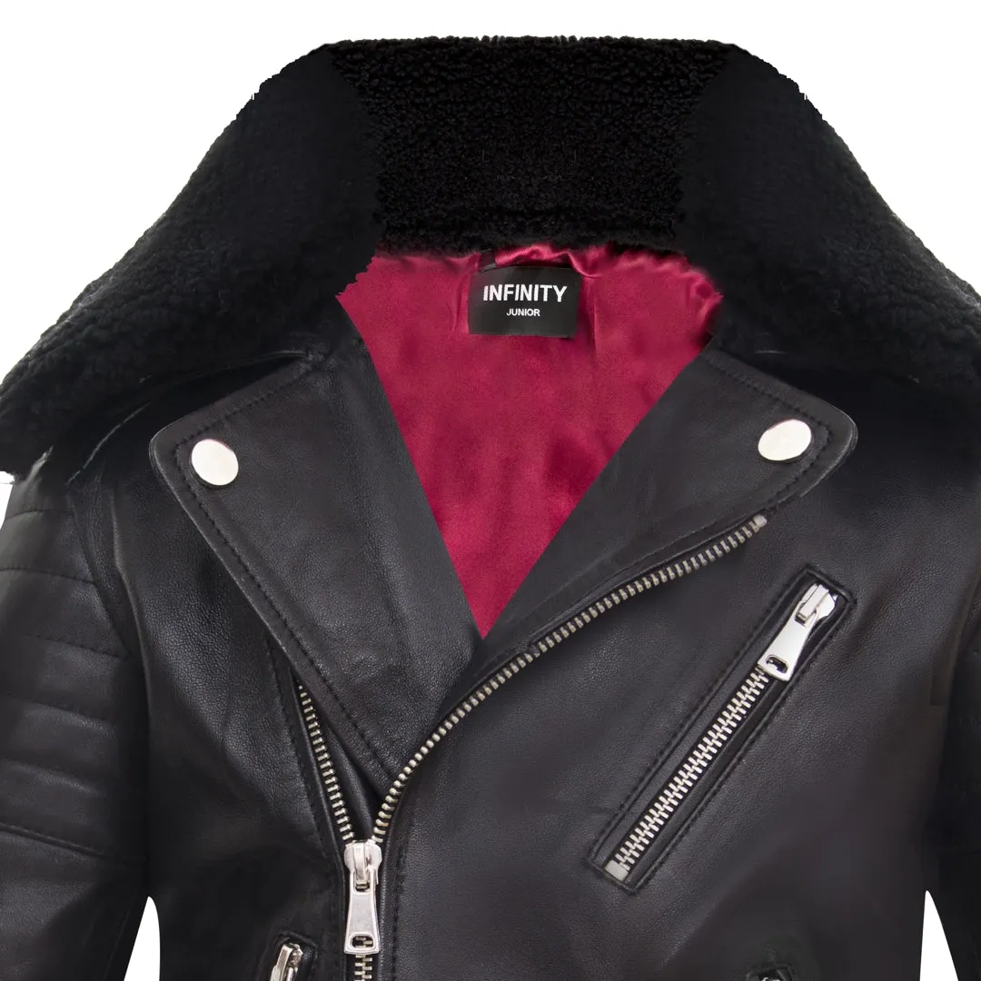 Boys Kids Real leather Biker Style Jacket Brando Cross Zip Black Fur Collar