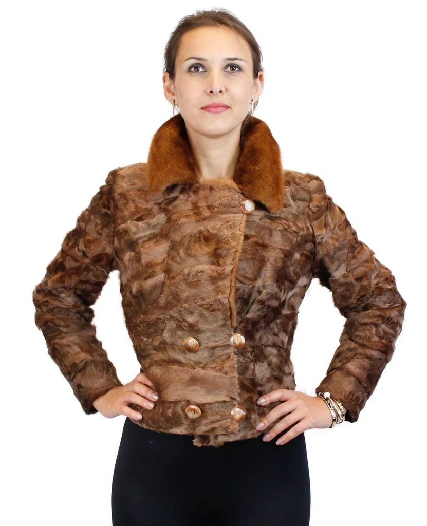 BROWN DYED BROADTAIL SECTIONS FITTED DOUBLE-BREASTED JACKET W/ WHISKEY MINK FUR COLLAR