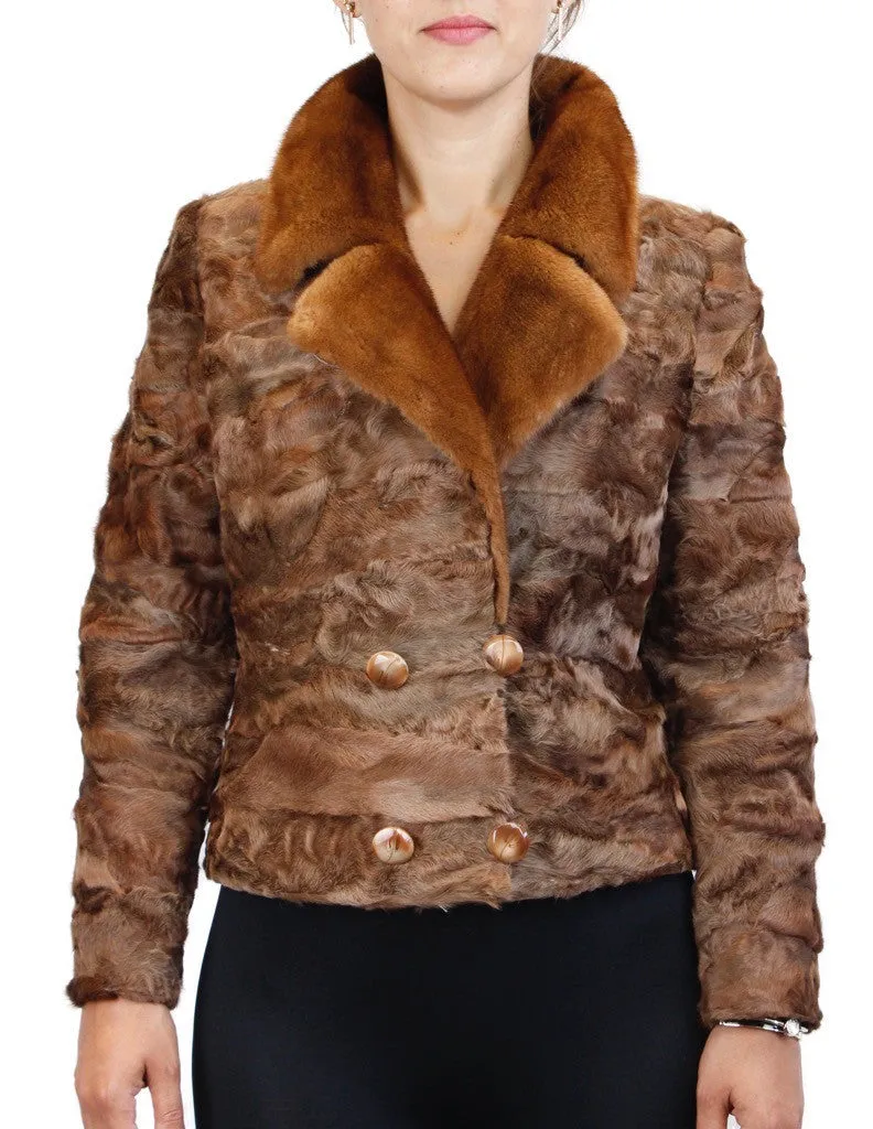 BROWN DYED BROADTAIL SECTIONS FITTED DOUBLE-BREASTED JACKET W/ WHISKEY MINK FUR COLLAR