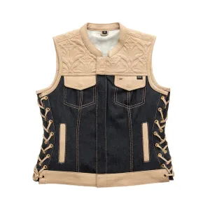 Cedar Women's Club Style Motorcycle Leather/Denim Vest - Limited Edition