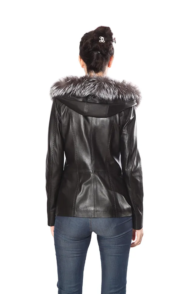 Cidra Womens Real Silver Fox Fur Hooded Leather Jacket