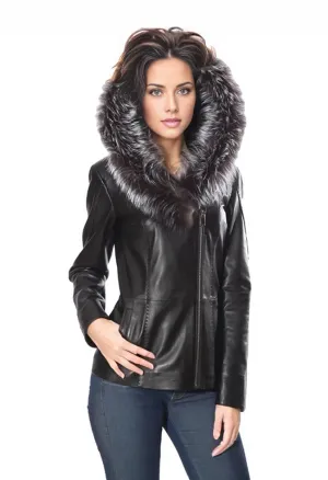 Cidra Womens Real Silver Fox Fur Hooded Leather Jacket