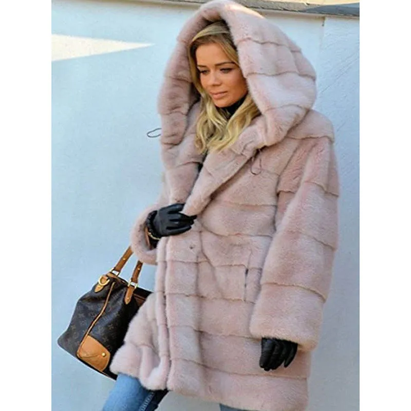 Color Loose Plush Hooded Imitation Fur Coats