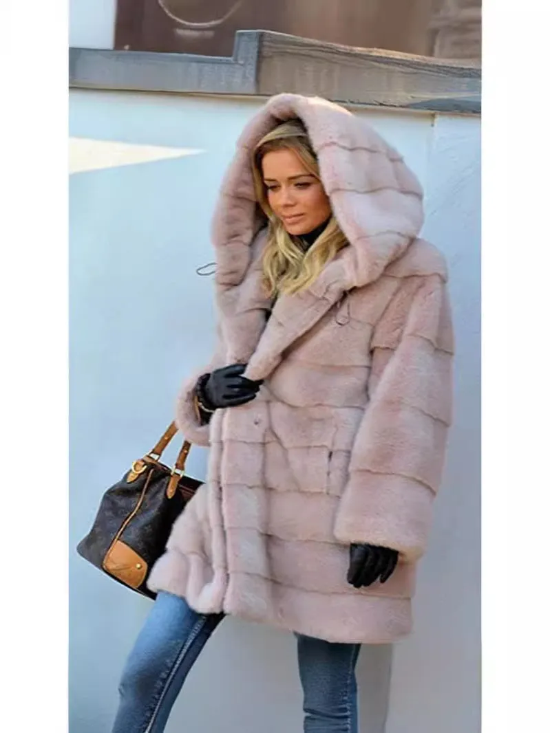 Color Loose Plush Hooded Imitation Fur Coats