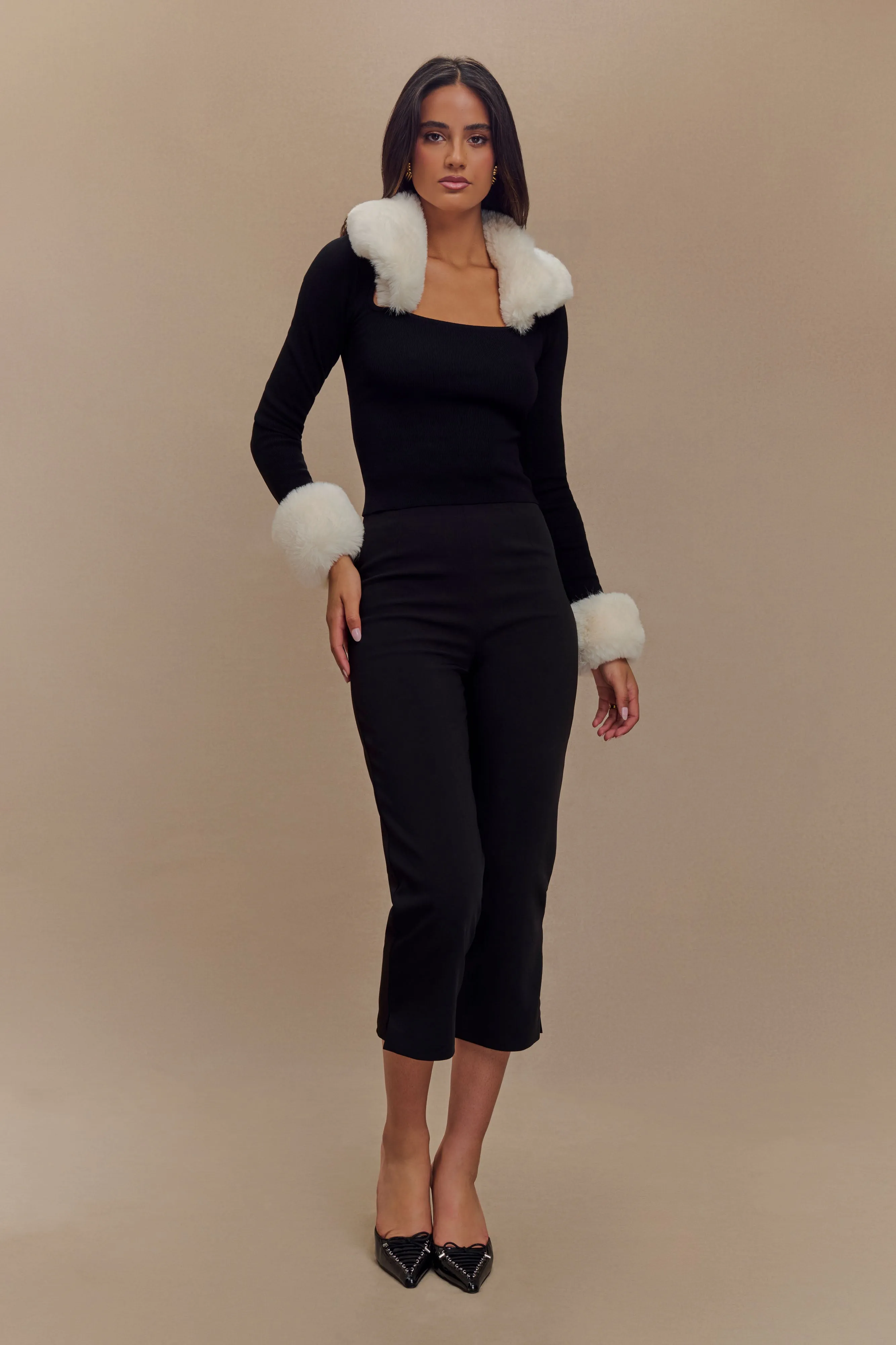 Cressida Faux Fur Knit Long Sleeve Top - Black/White