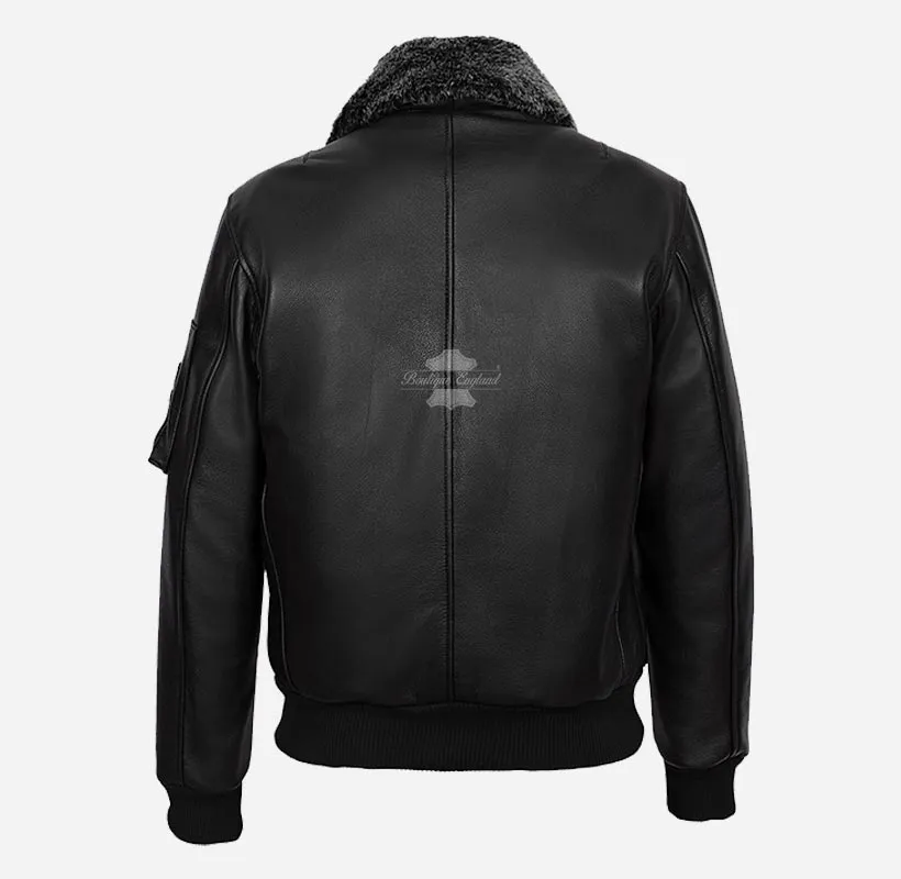 CRESTON Black Leather Flying Jacket Fur Collared Bomber Jacket