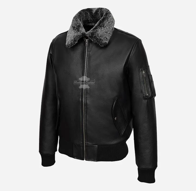 CRESTON Black Leather Flying Jacket Fur Collared Bomber Jacket