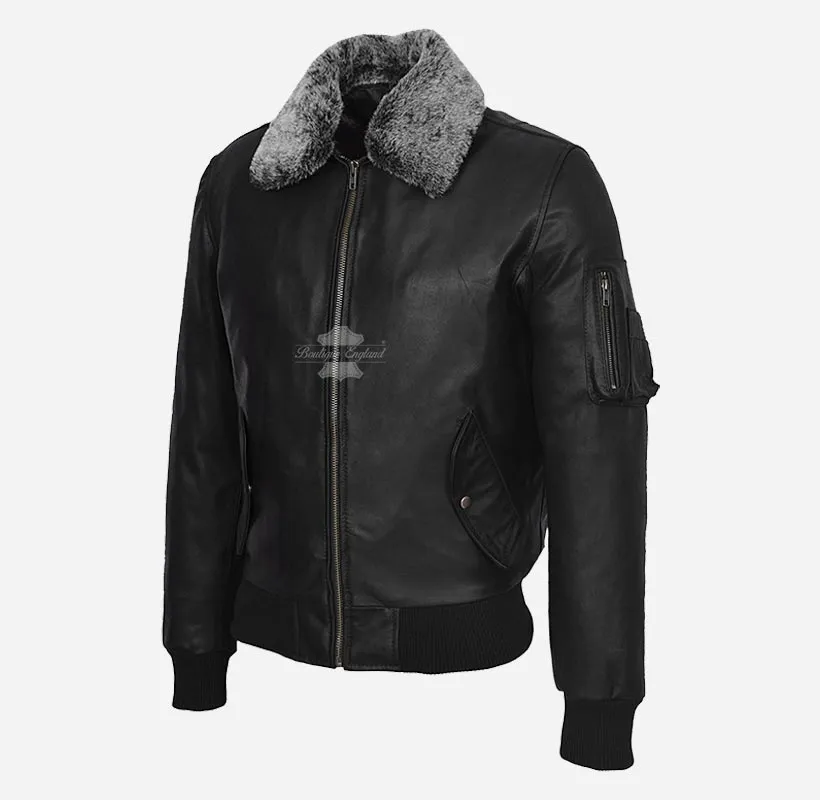 CRESTON Men's Leather Flying Jacket Fur Collared Bomber Jacket