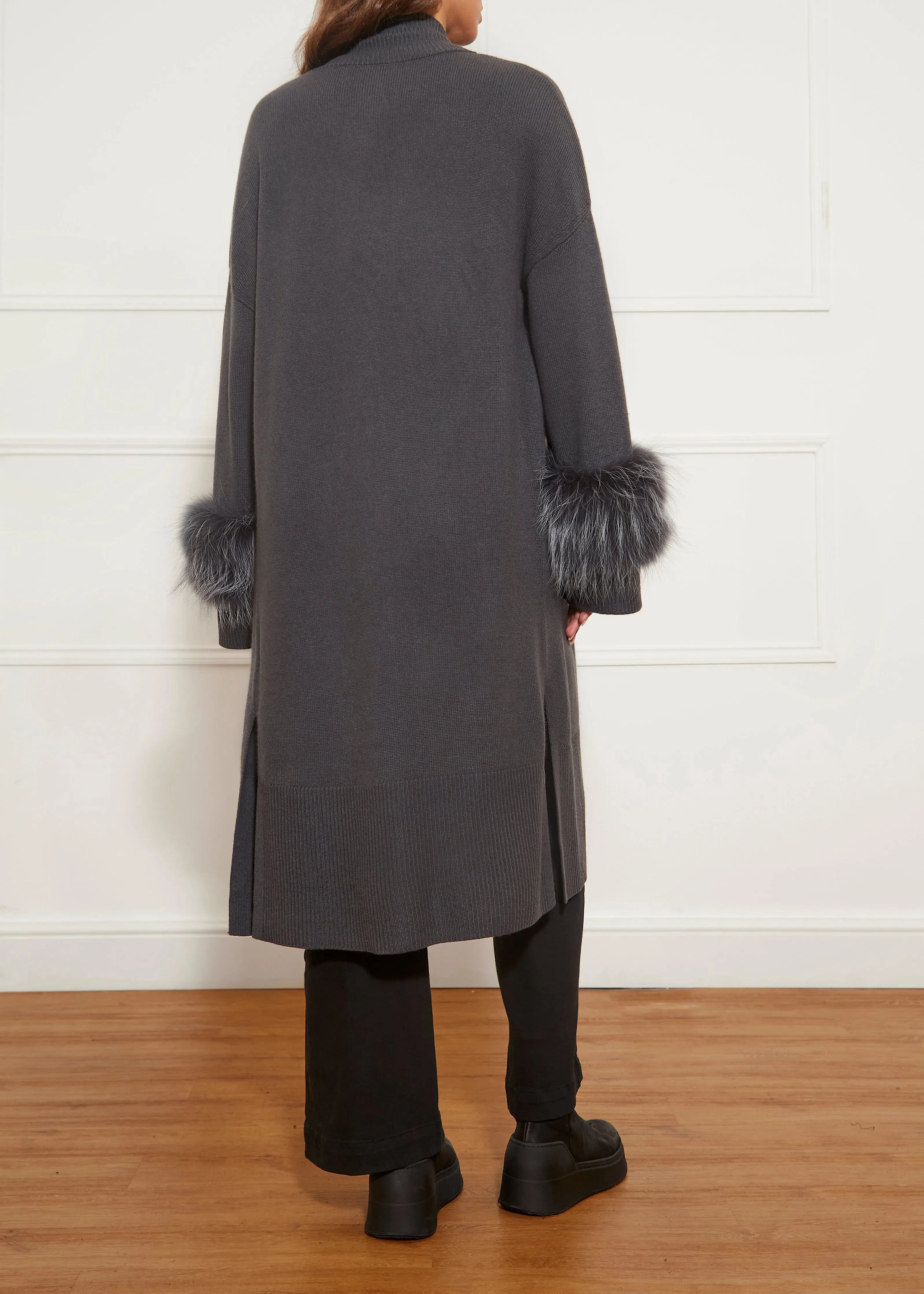 Dark Grey Fur Trim Cashmere Blend Cardigan