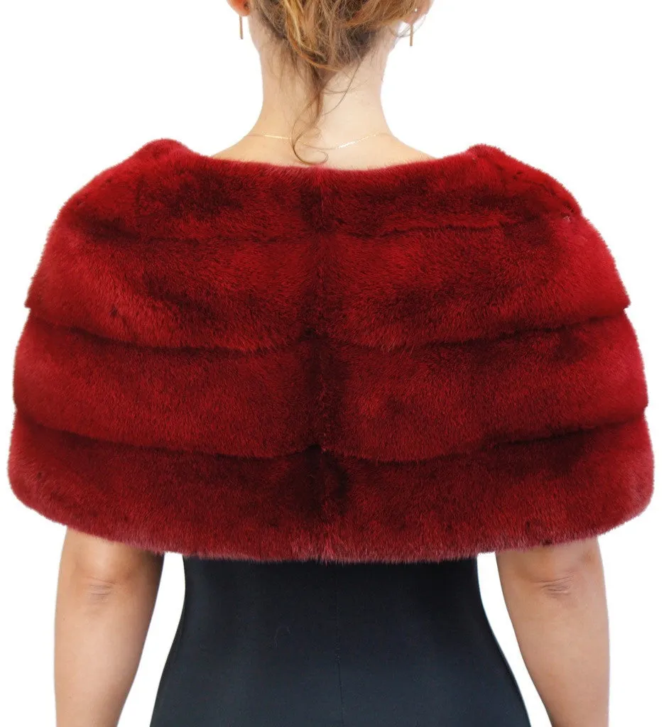 DARK RED DYED MINK FUR HORIZONTAL PLEATED CAPELET, BURGUNDY