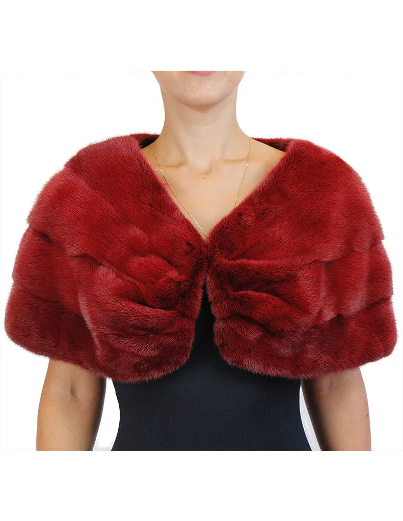 DARK RED DYED MINK FUR HORIZONTAL PLEATED CAPELET, BURGUNDY