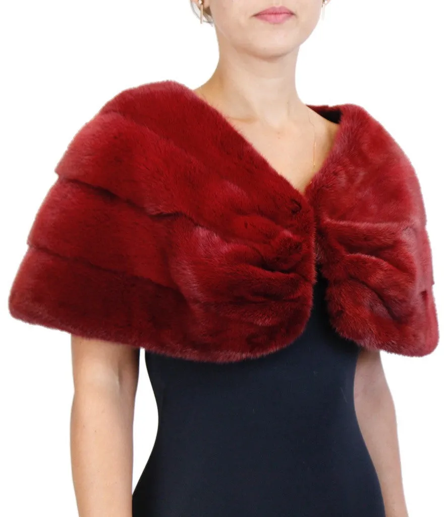 DARK RED DYED MINK FUR HORIZONTAL PLEATED CAPELET, BURGUNDY