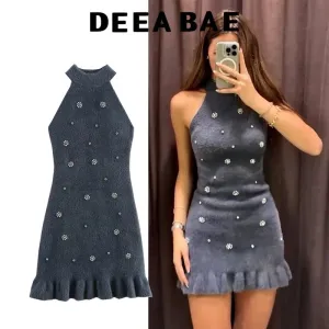 DEEABAE European Style Winter New High-end String Bead Decoration Artificial Fur Effect Hanging Neck Collar Dress