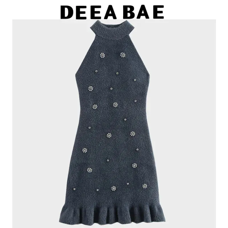 DEEABAE European Style Winter New High-end String Bead Decoration Artificial Fur Effect Hanging Neck Collar Dress