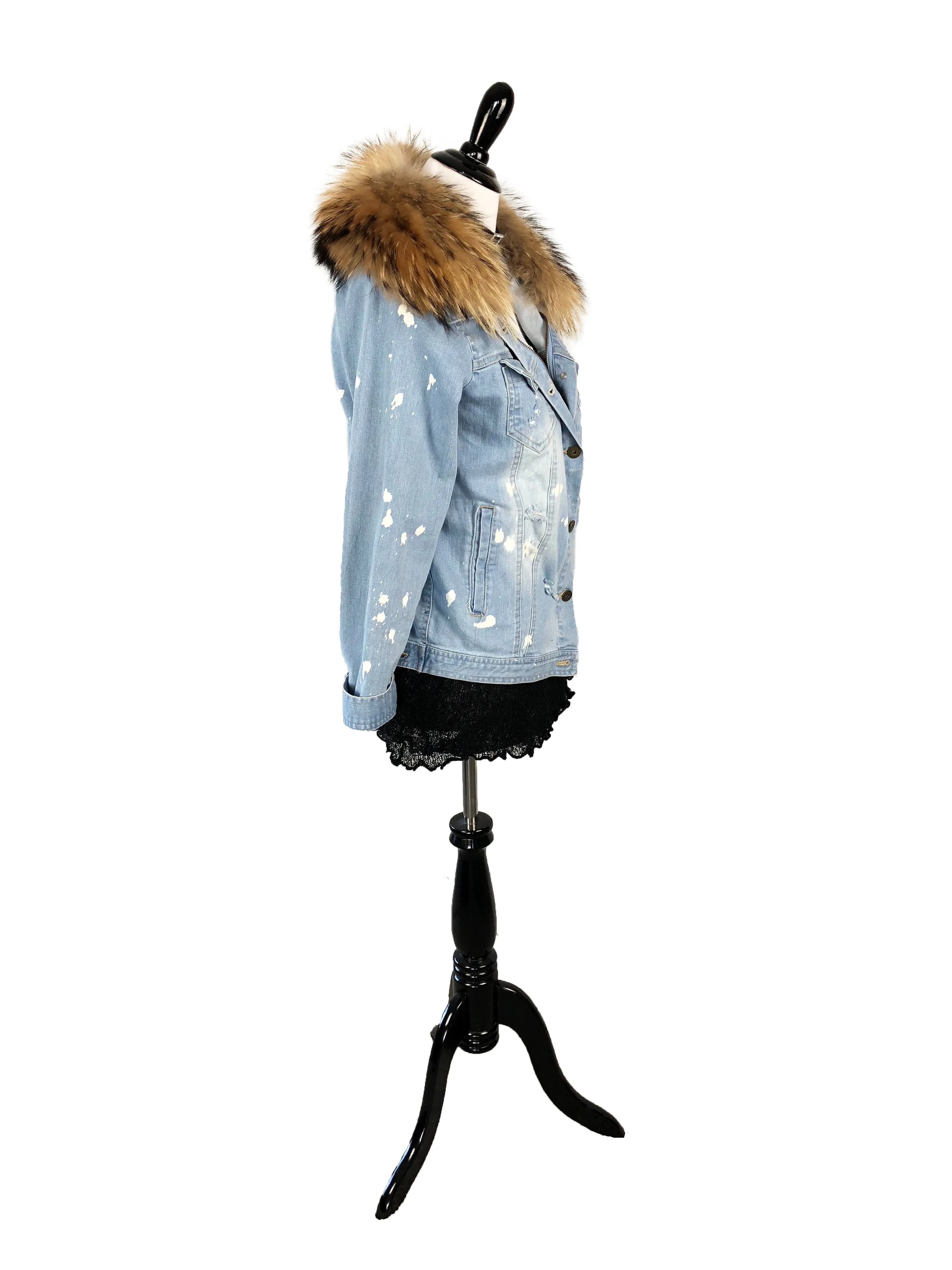 Denim and Fox Fur Jacket with Detachable Rabbit Fur Interior