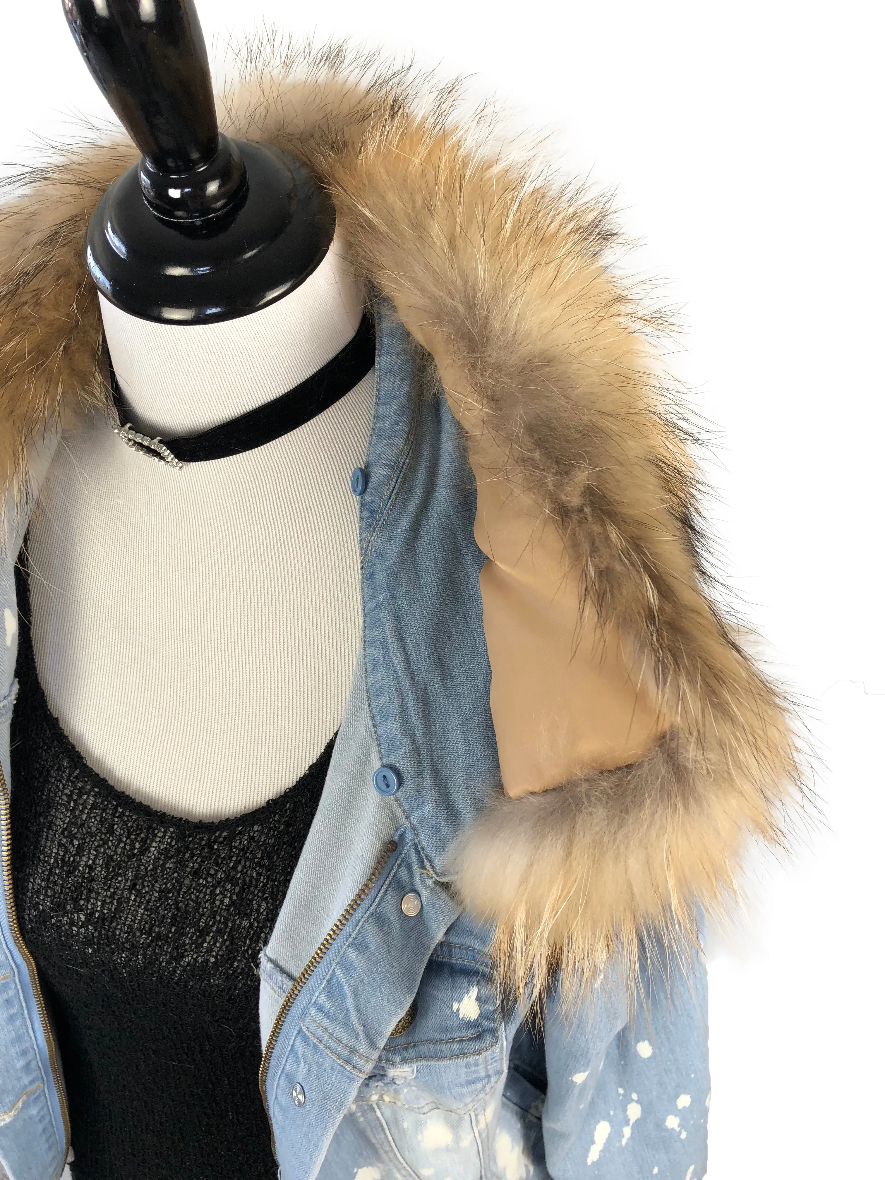 Denim and Fox Fur Jacket with Detachable Rabbit Fur Interior