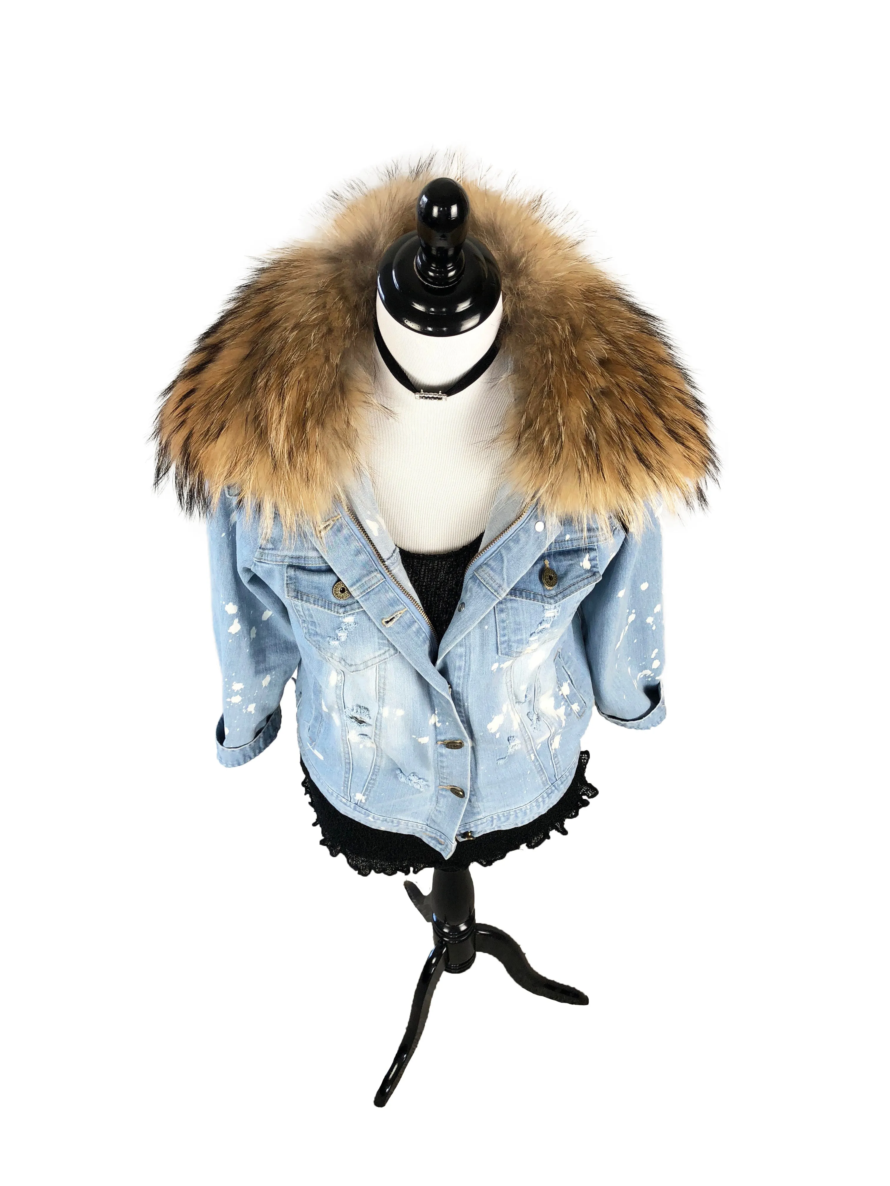 Denim and Fox Fur Jacket with Detachable Rabbit Fur Interior