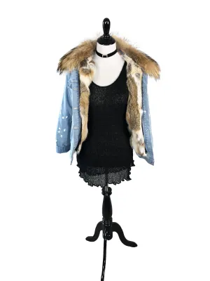 Denim and Fox Fur Jacket with Detachable Rabbit Fur Interior