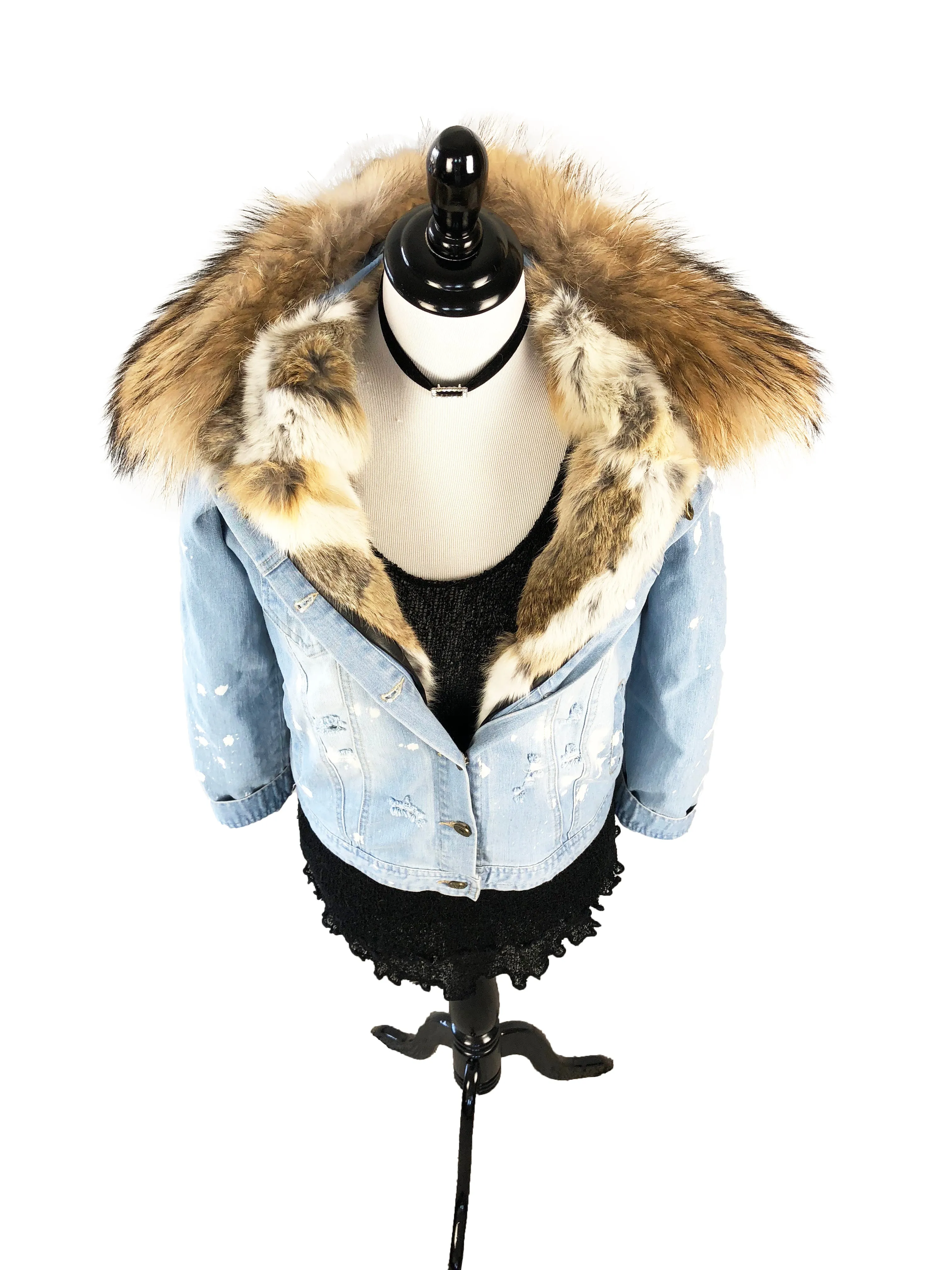 Denim and Fox Fur Jacket with Detachable Rabbit Fur Interior