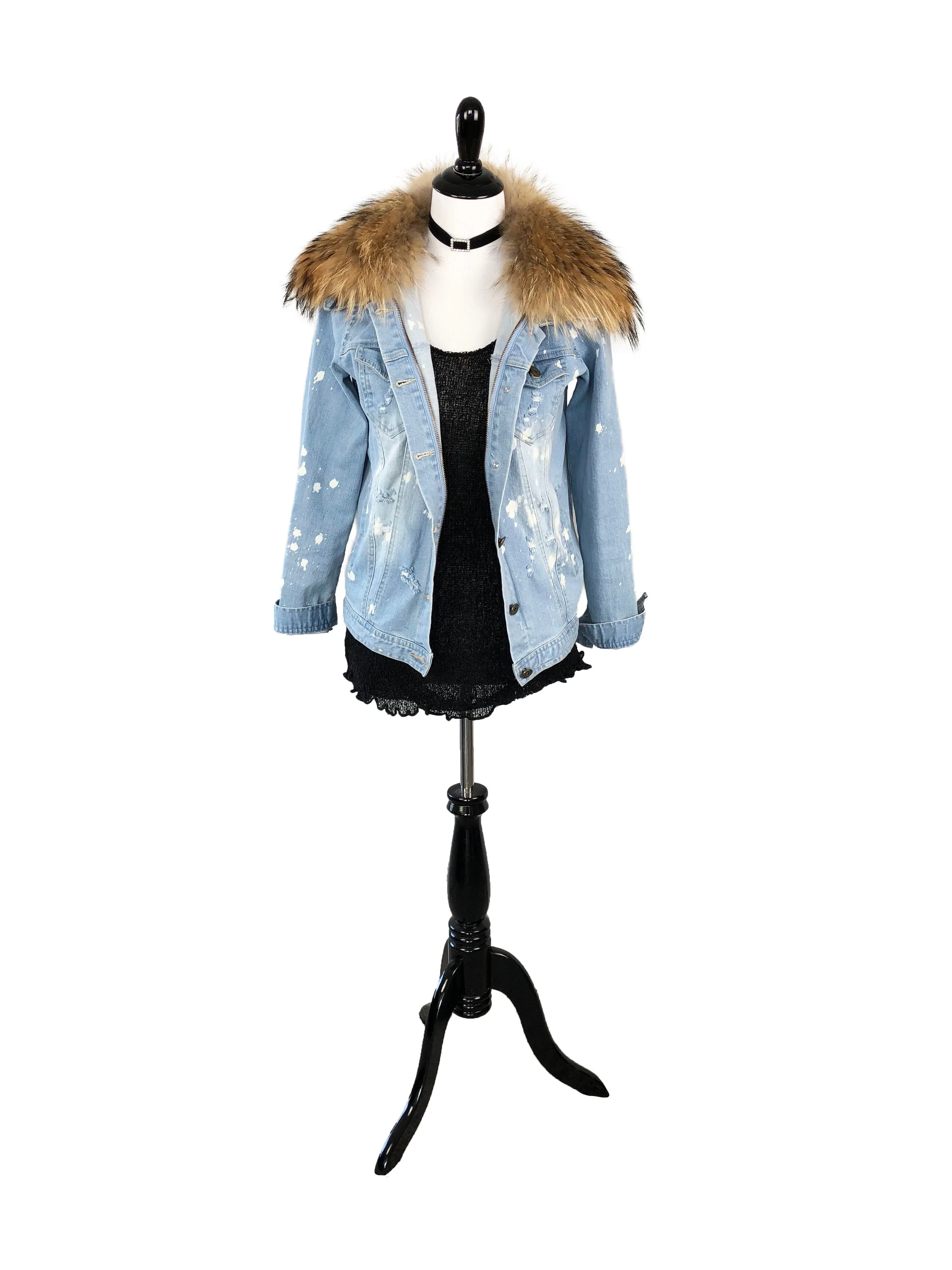 Denim and Fox Fur Jacket with Detachable Rabbit Fur Interior