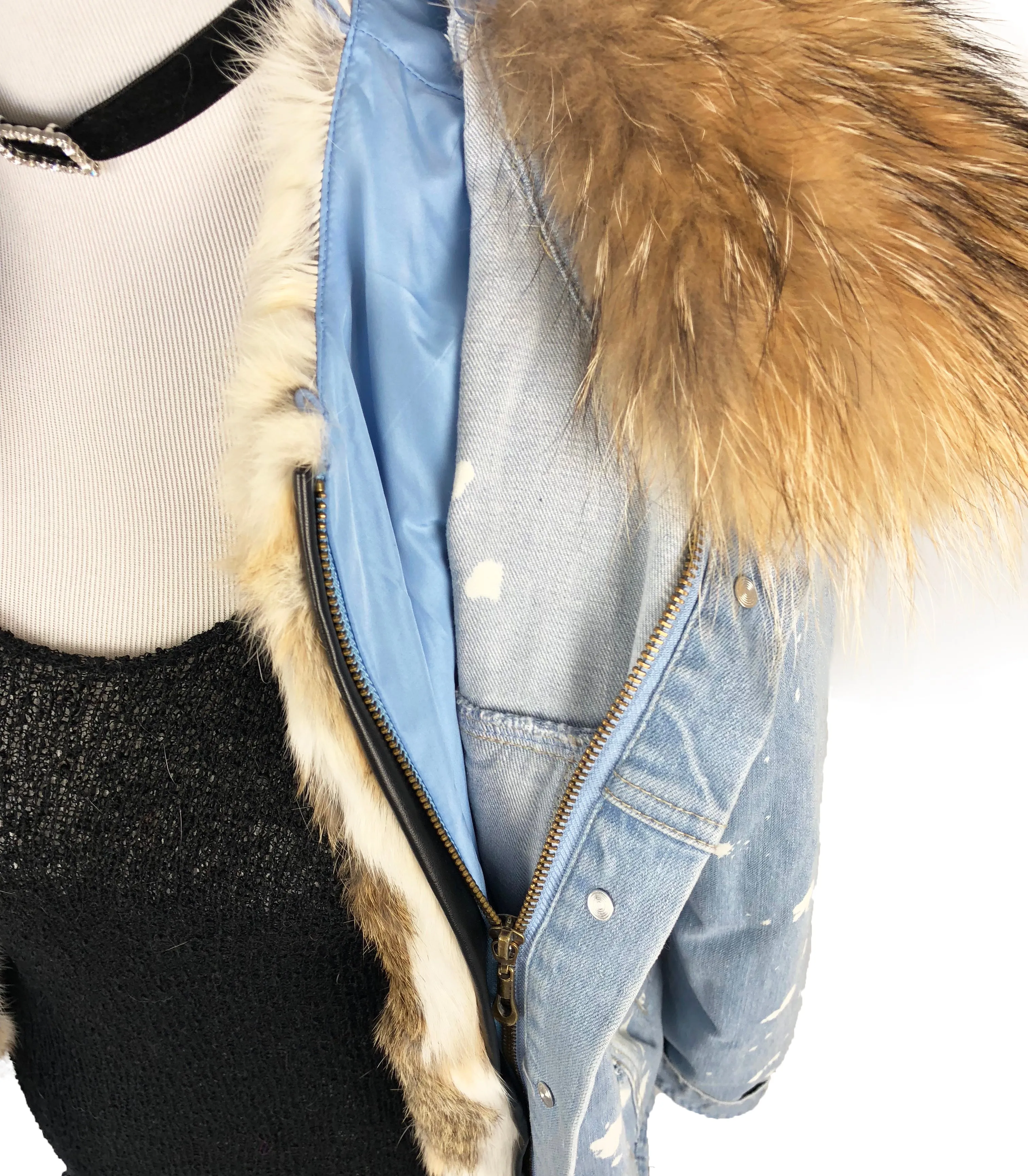 Denim and Fox Fur Jacket with Detachable Rabbit Fur Interior